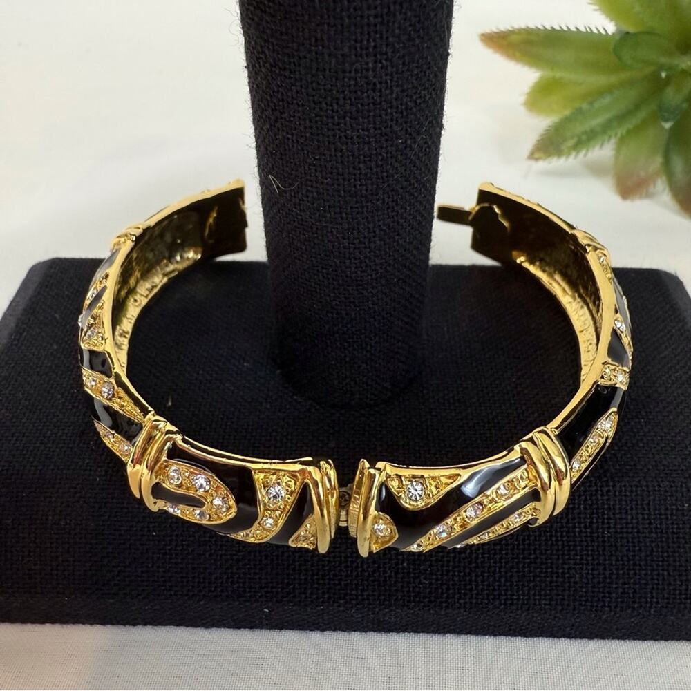 Y2k Rhinestone Gold Black Enamel Bracelet Vintage Hinged Clasp - Picture 14 of 16